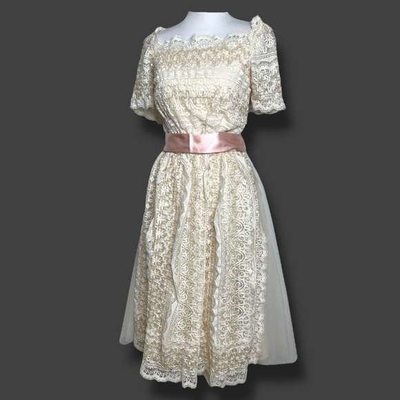 Vintage Lillie Rubin Ivory Lace Dress Sequin Square Neck Fit Flare Bridal - Picture 2 of 9